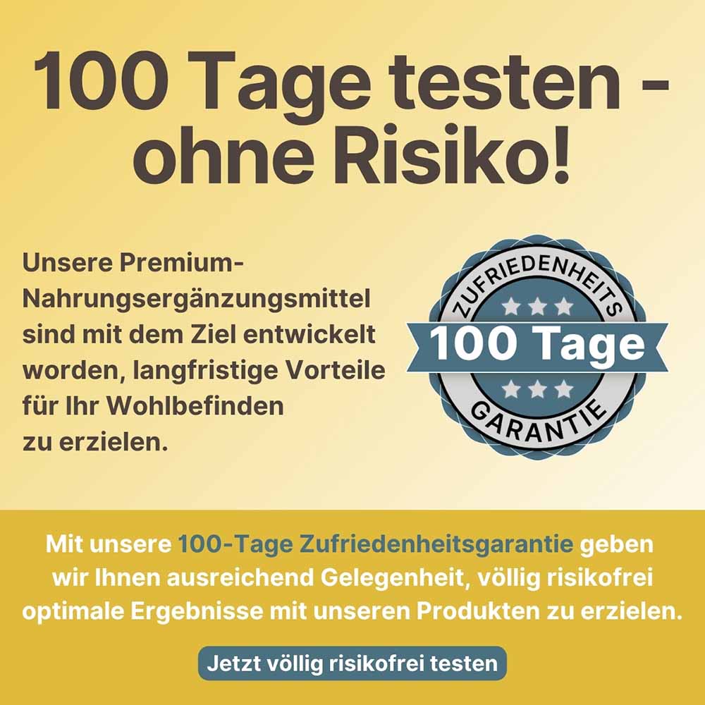 100-Tage-Zufriedenheitsgarantie von Supplera für Premium-Nahrungsergänzungsmittel. Kunden können das ionische Magnesium völlig risikofrei testen, um langfristige Vorteile für ihr Wohlbefinden zu erzielen.