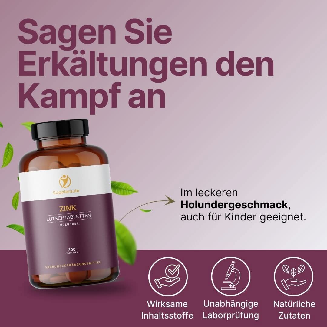 Eine Dose Supplera Lutschtabletten Zink Holunder in der Vorderansicht - auch für Kinder geeignet