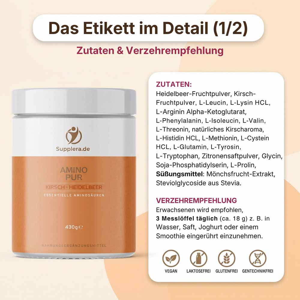 AminoPur Kirsch-Heidelbeer Supplera das Etikett im Detail 1