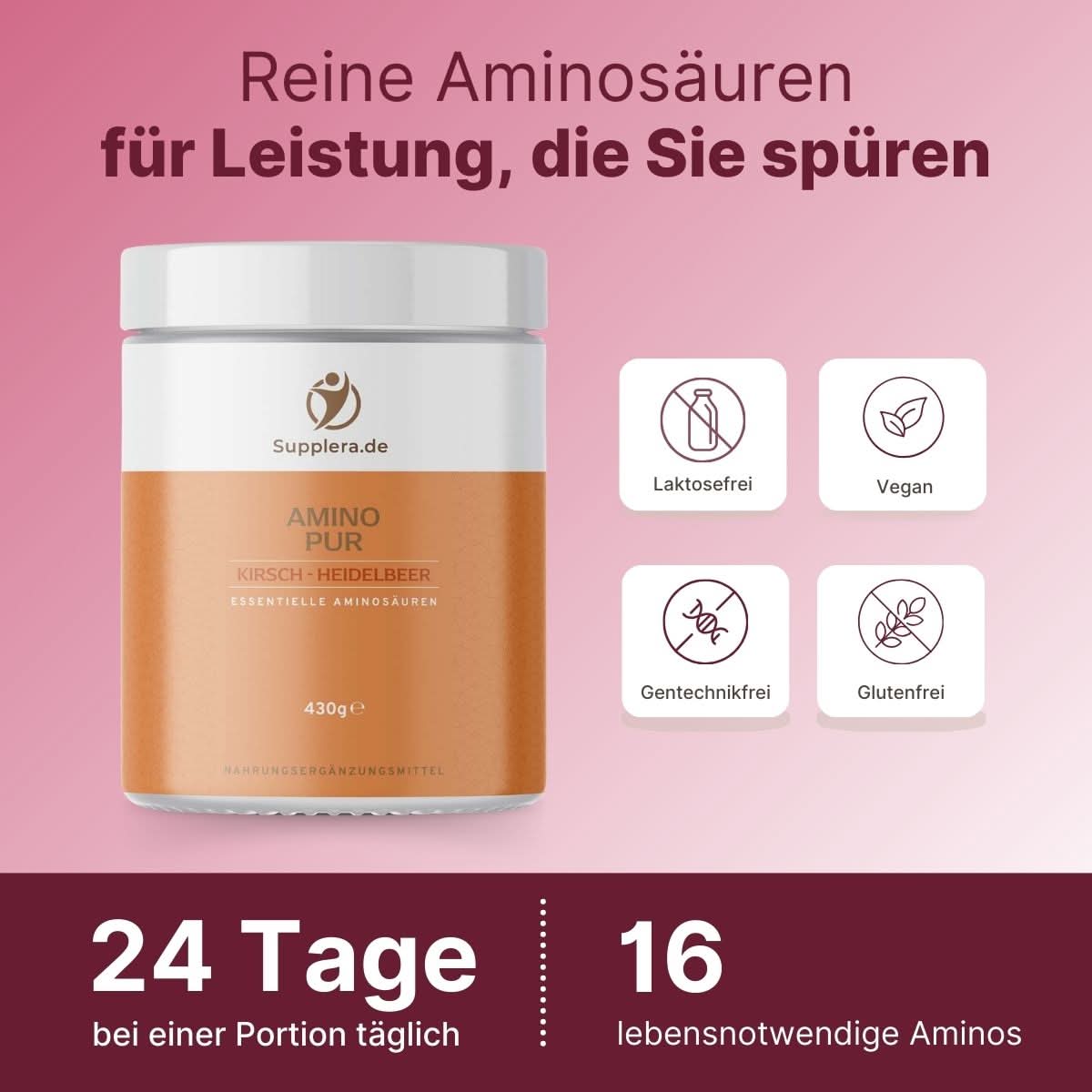 Supplera AminoPur-Pulver mit Kirsch-Heidelbeer-Geschmack, essentielle Aminosäuren – laktosefrei, vegan, gentechnikfrei, glutenfrei
