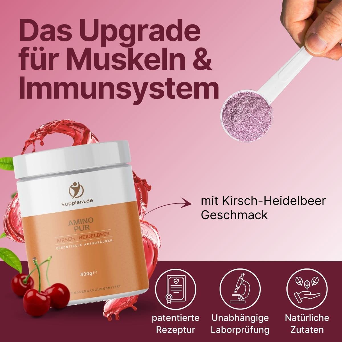Löffel mit Supplera AminoPur Pulver in Kirsch-Heidelbeer-Geschmack - essentielle Aminosäuren