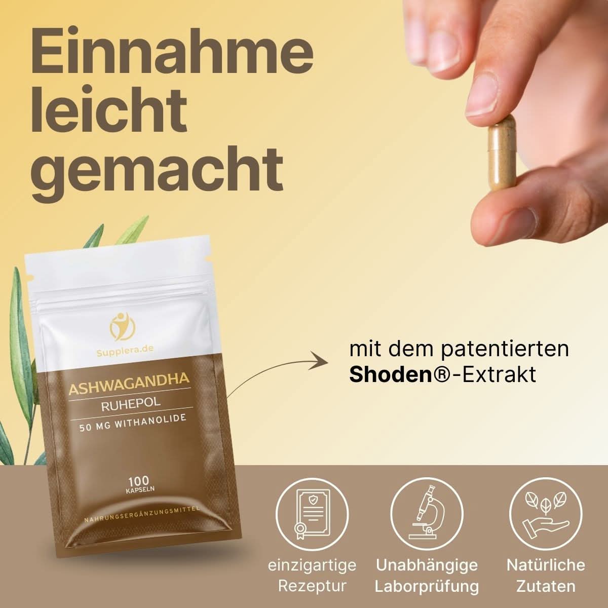 Eine einzelne Supplera Ashwagandha Kapsel in Nahaufnahme