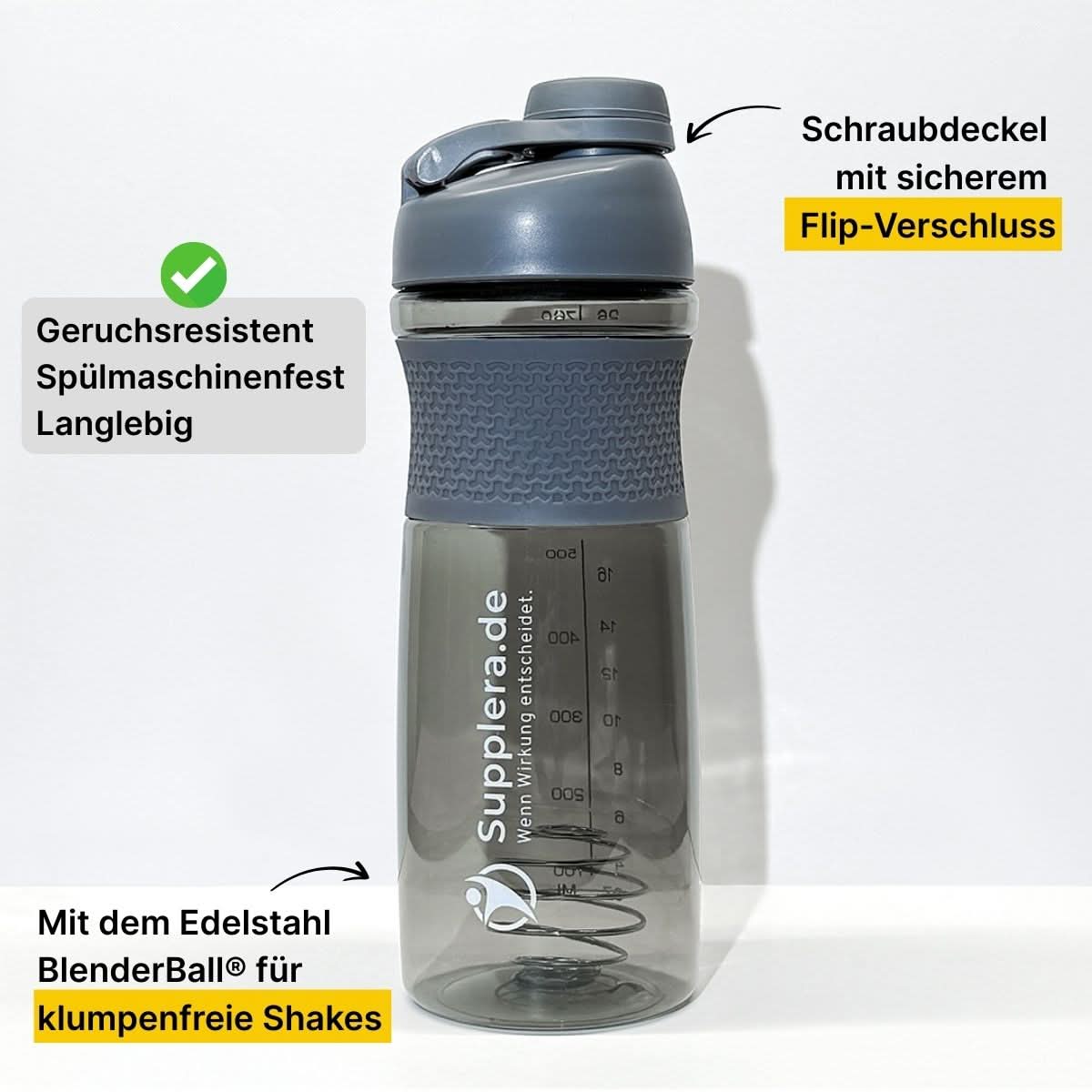 Supplera Blenderbottle Pro Shaker in schwarz – geruchsresistent, spülmaschinenfest, langlebig