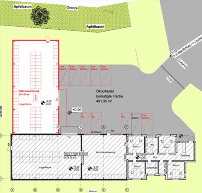 Geplante Erweiterung - Start voraussichtlich im Oktober 2022:
Unsere Lagerkapazitäten werden immer knapper - hier auf dem Foto sind (rot eingezeichnet) die geplanten Änderungen und Erweiterungen. Es ist auch ein Dach mit Solarpaneelen geplant - damit die Autos zukünftig