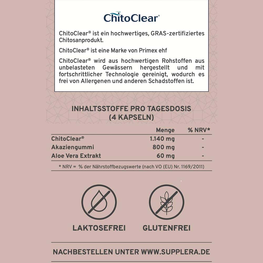 Chitosan Ballaststoff Etikett ChitoClear Produkt Inhaltsstoffe pro Kapsel Supplera