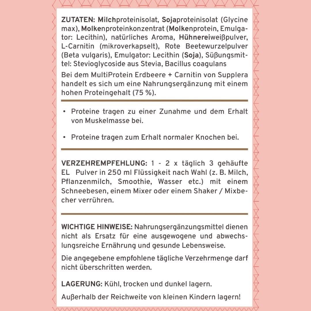 Supplera Multi-Protein Pulver mit Erdbeer-Geschmack, Zutatenliste und Verzehrempfehlung
