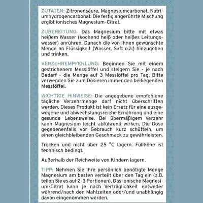 Zutatenliste und Verzehrempfehlung für Supplera ionisches Magnesium pur zum Aktivieren mit Wasser