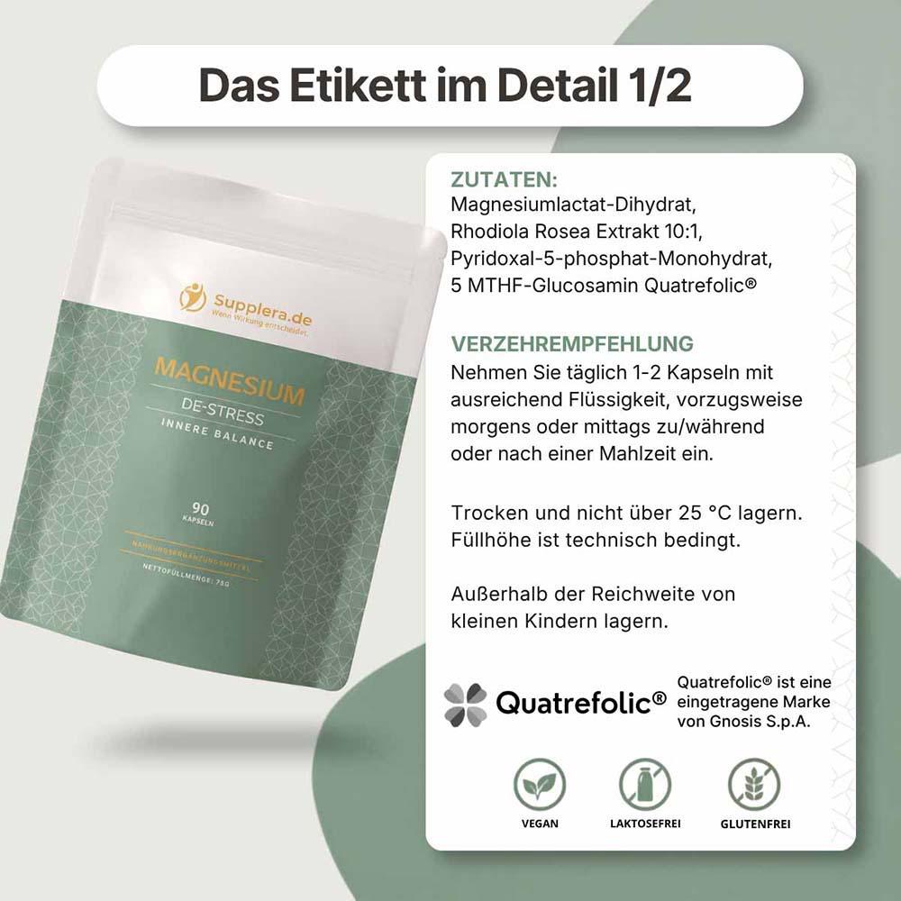 Produktetikett von Magnesium De-Stress mit Packung, Produktinformationen und Qualitätssiegeln