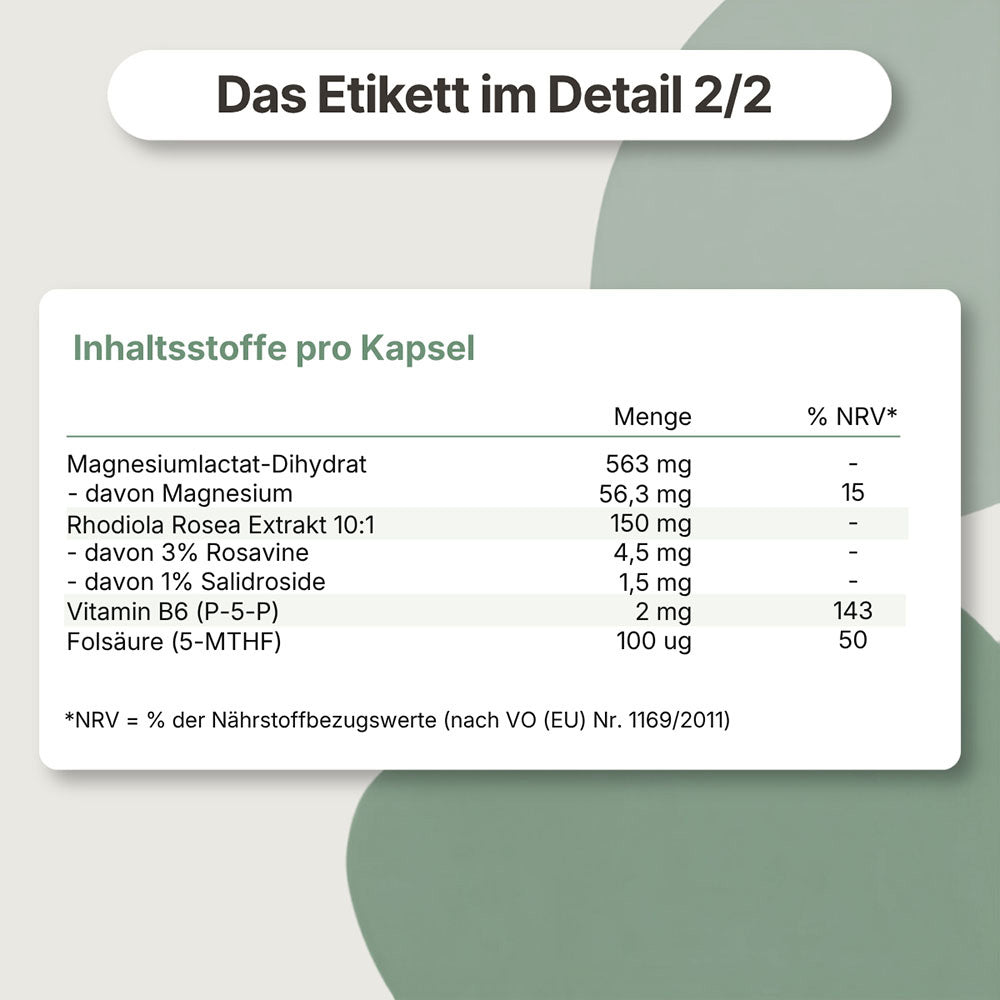 Nährwerttabelle von Magnesium De-Stress mit Angaben zu den enthaltenen Nährstoffen pro Portion