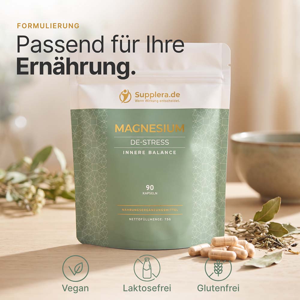 Magnesium De-Stress Nahrungsergänzung in grüner Verpackung, passend für eine bewusste Ernährung