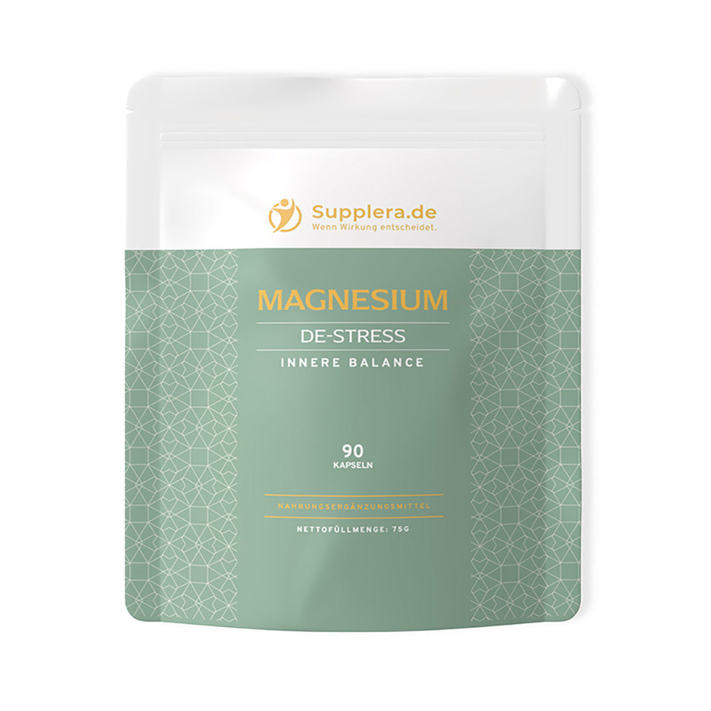 Produkt-Mockup der grünen Magnesium-De-Stress-Packung vor weißem Hintergrund