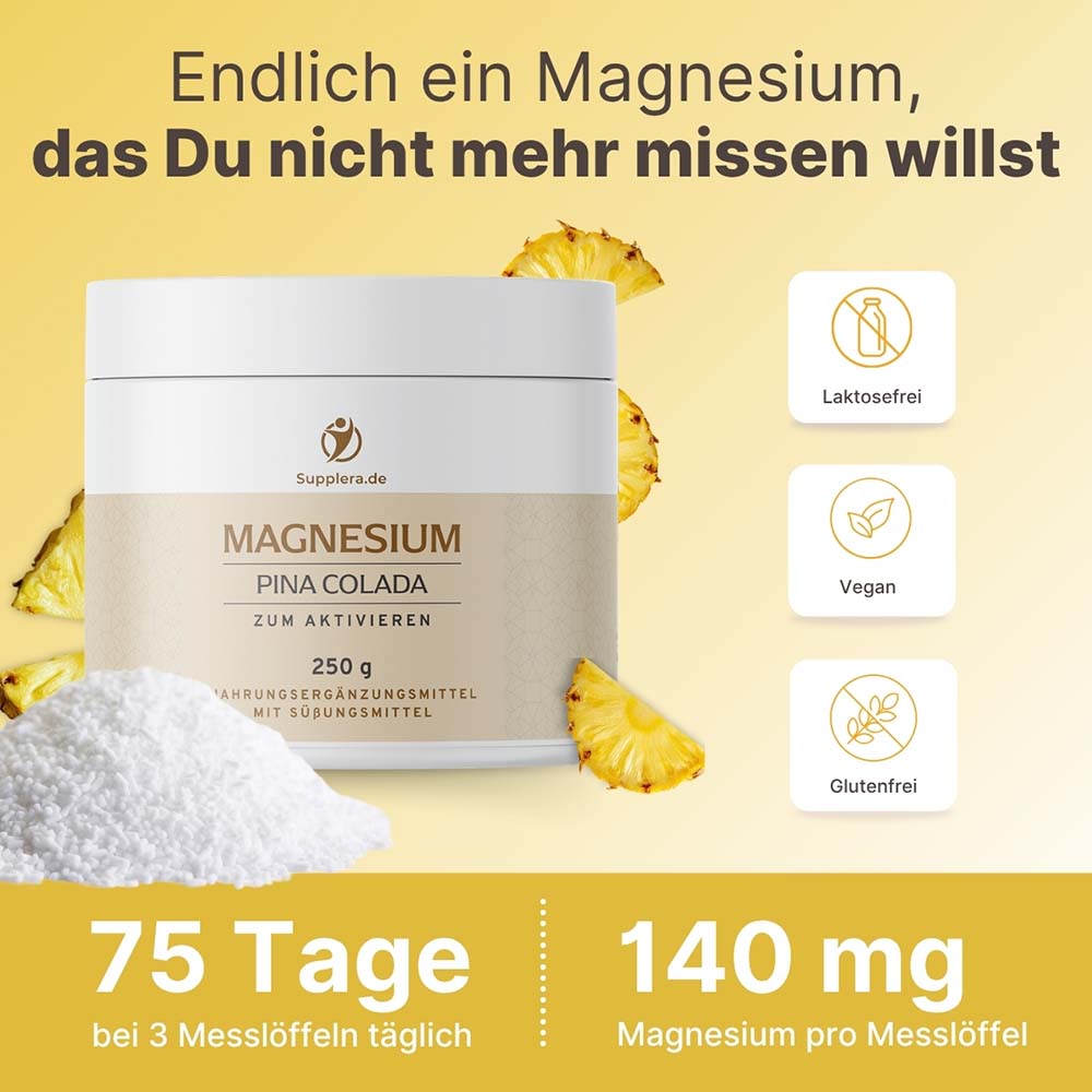 Ionisches Magnesium Pina Colada Dose vor grünem Hintergrund mit frischer Ananas. Zeigt die Vorteile vegan, laktosefrei und glutenfrei sowie die Dosierung von 140 mg Magnesium pro Messlöffel für 75 Tage.