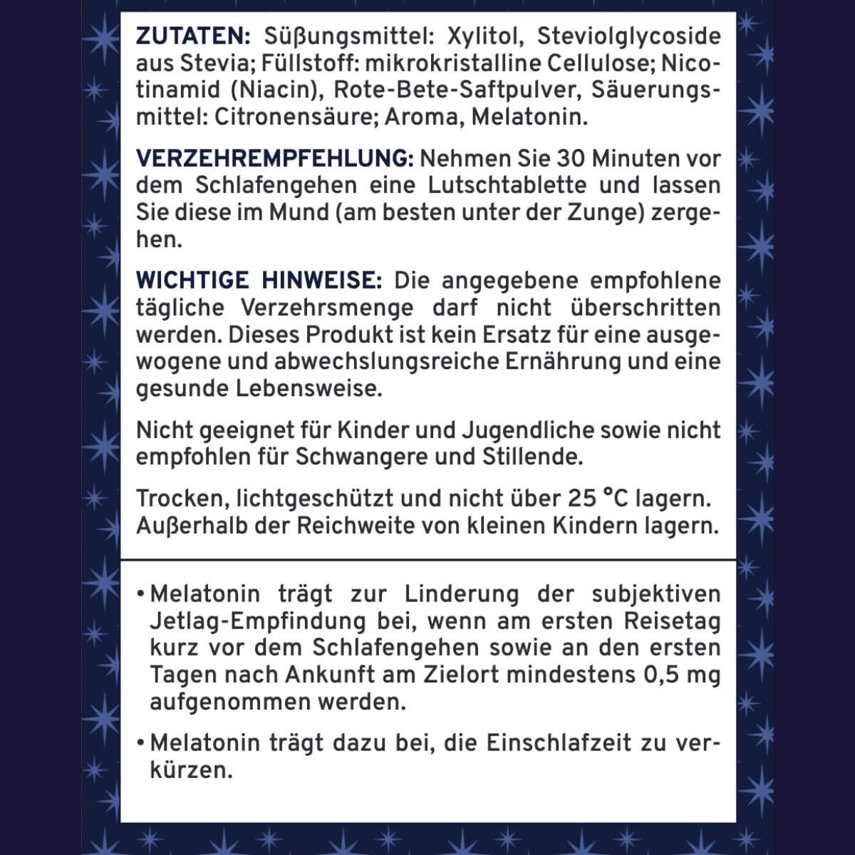 Zutatenliste, Verzehrempfehlung und Hinweise zur Wirkung vom Gute-Nacht-Komplex Supplera Melatonin