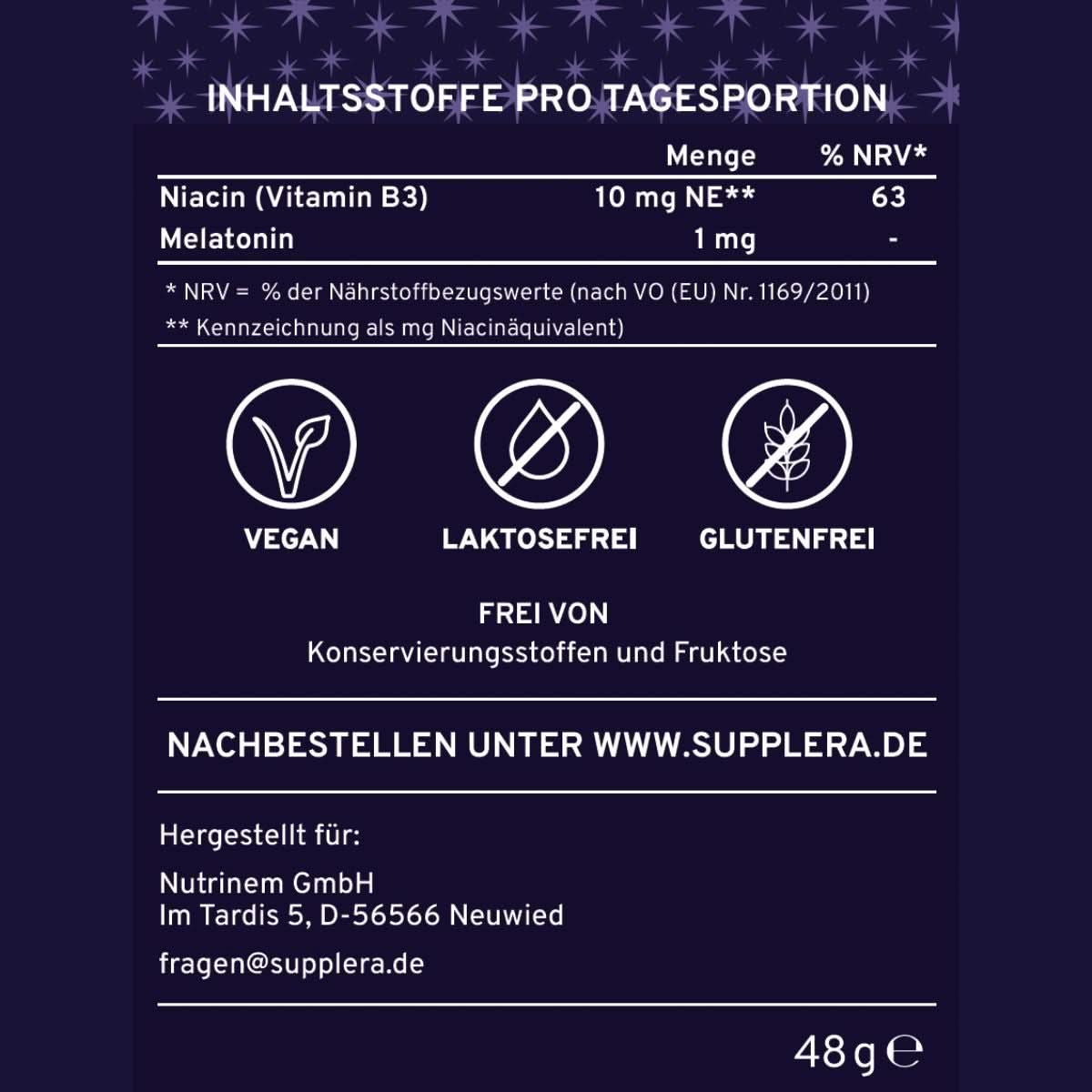 Inhaltsstoffe vom Gute-Nacht-Komplex mit Melatonin von Supplera – vegan, laktosefrei, glutenfrei