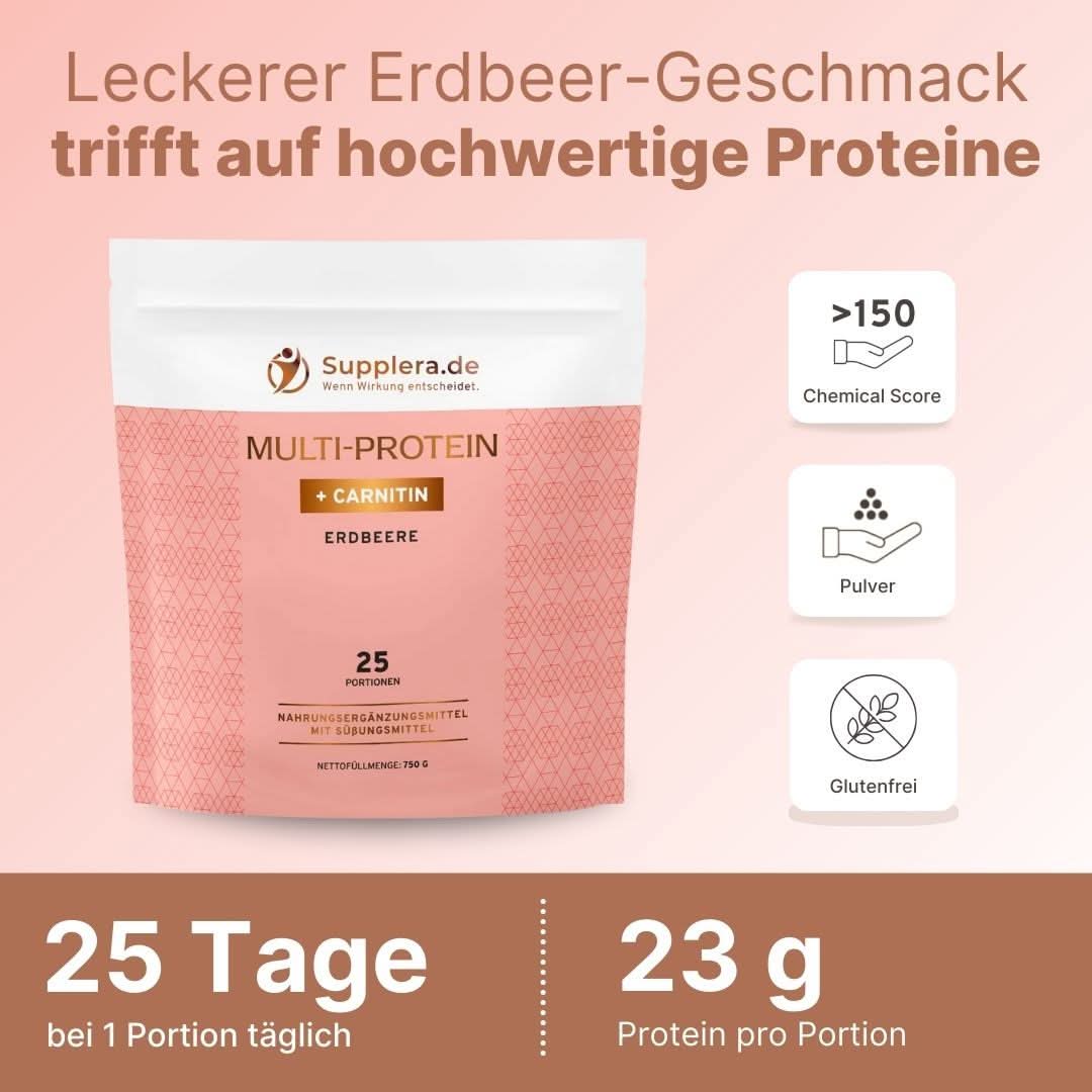 Supplera Multi-Protein Pulver mit Erdbeere in der Vorderansicht