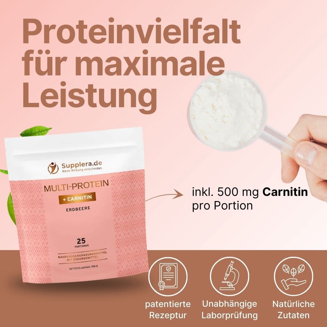 Supplera Multi-Protein Pulver Erdbeere Produktbild – eine Hand hält einen Messlöffel mit einer Portion Proteinpulver