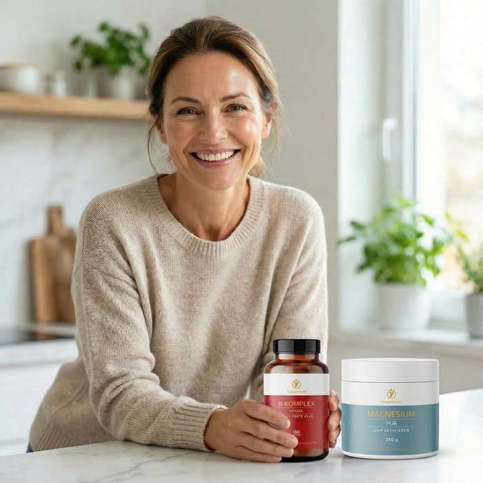 Eine lebensfrohe Frau präsentiert die Supplera Nahrungsergänzungsmittel B-Komplex und Ionisches Magnesium für ein vitales Herz-Kreislauf-System und eine normale Durchblutung.