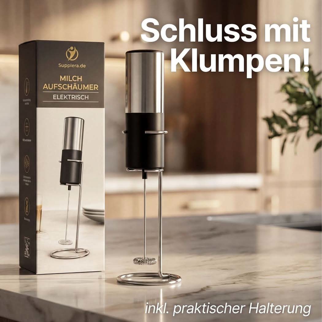Milchaufschäumer elektrisch in moderner Küche, inkl. Halterung – keine Klumpen mehr