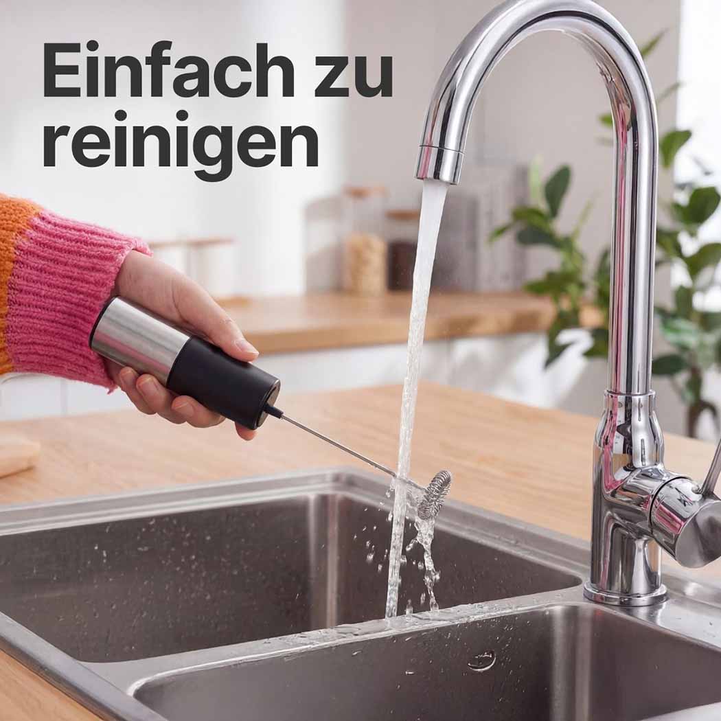 Wasser läuft aus dem Wasserhahn im Spülbecken, es wird gezeigt wie einfach der elektrische Milchaufschäumer gereinigt werden kann