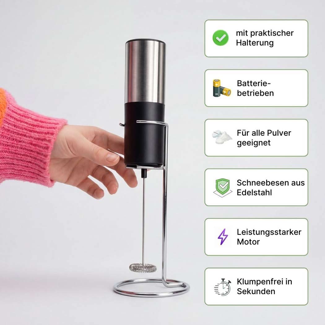Supplera Milchaufschäumer mit Infos daneben – für alle Pulver geeignet