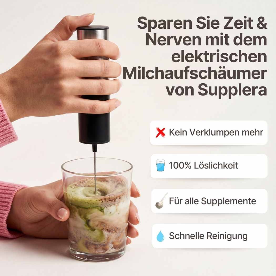 Eine Hand bedient den elektischen Milchaufschäumer von Supplera – schnelle Reinigung, für alle Supplemente, 100% Löslichkeit, kein Verklumpen