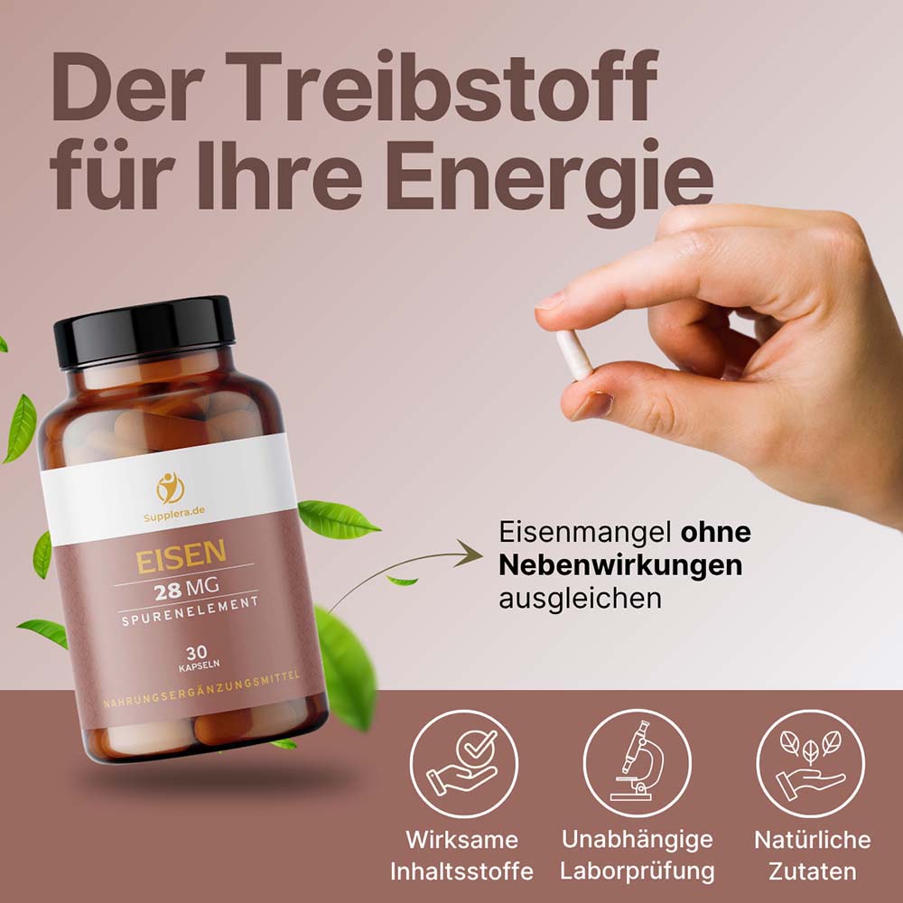 Supplera Eisenkapseln – Treibstoff für Ihre Energie, mit Glas und Kapsel