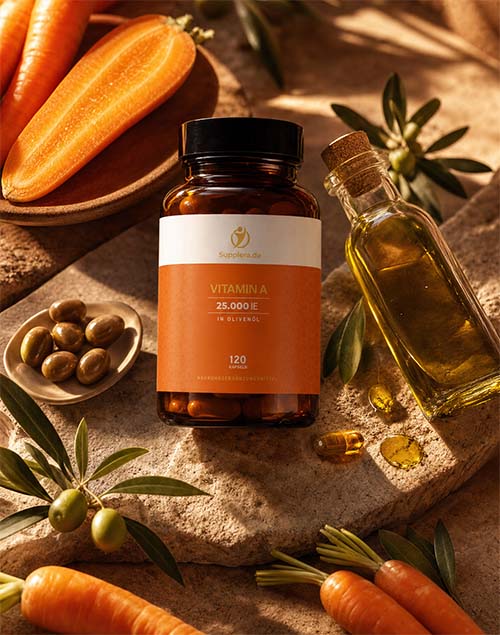 Supplera Vitamin A kreative Produktfotografie – natürliches Vitamin-A-Supplement