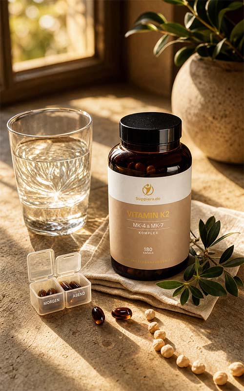 Supplera Vitamin K2 kreative Routine-Produktfotografie – tägliche Vitamin-K2-Einnahme