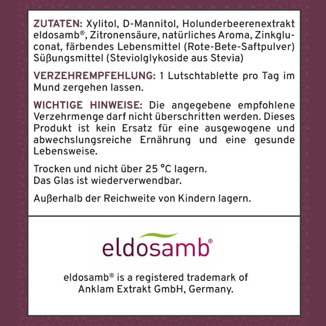 Zutatenliste und Verzehrempfehlung von Supplera Zink Lutschtabletten Holunder
