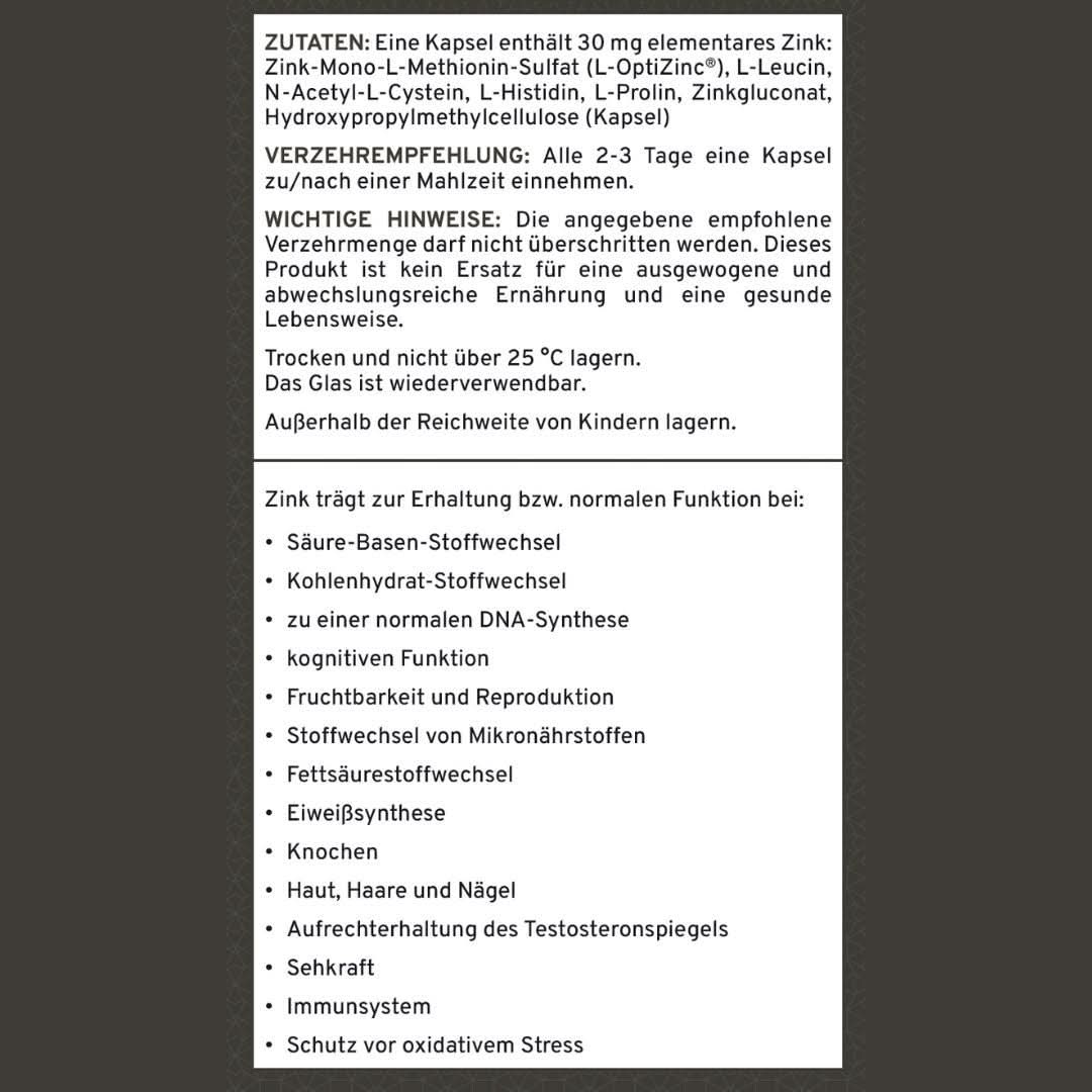 Zutatenliste, Verzehrempfehlung und Auflistung der Wirkung von Supplera Zink-IDEAL Kapseln