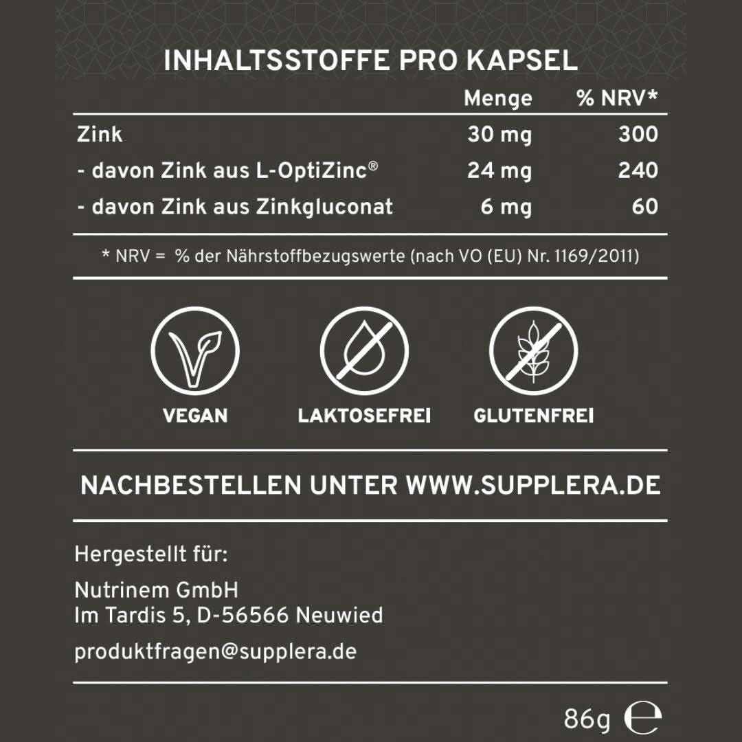 Inhaltsstoffe der Zink-IDEAL Kapseln von Supplera