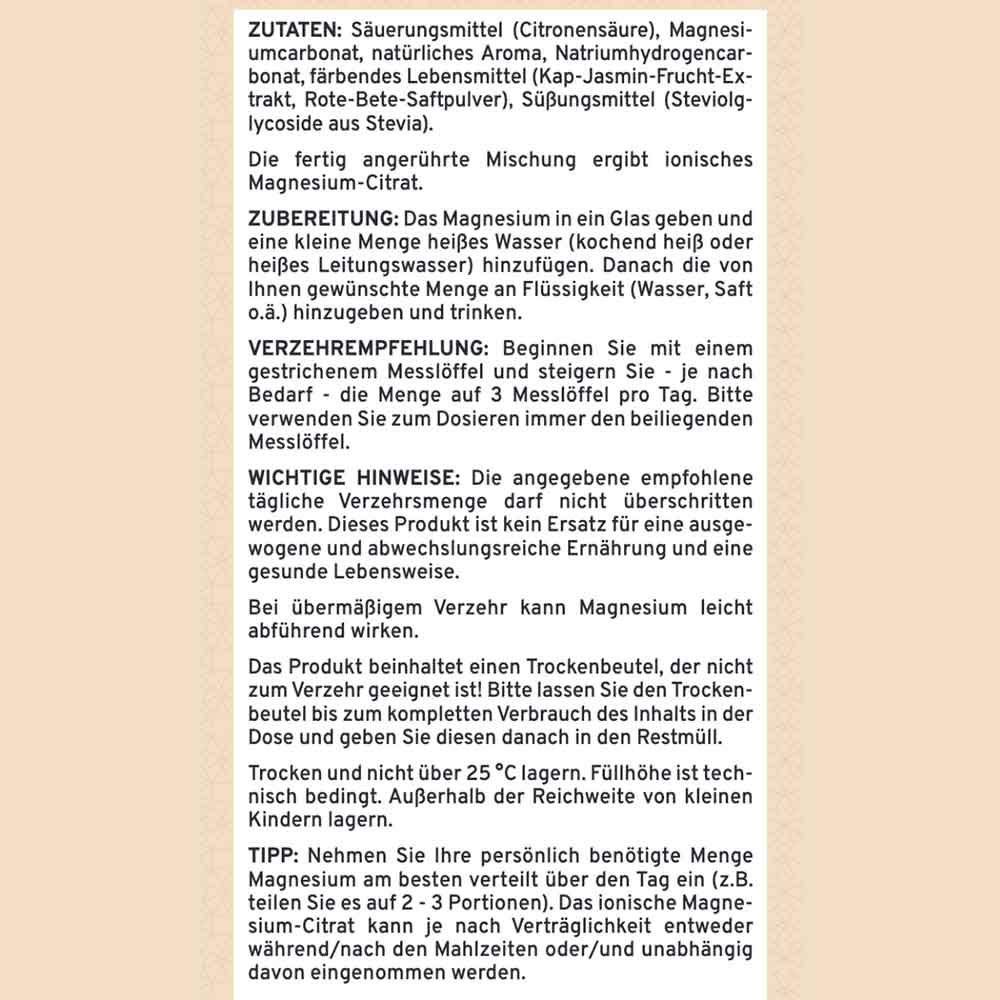 Detaillierte Zutatenliste und Zubereitungsanleitung für Ionisches Magnesium Pina Colada. Enthält Magnesiumcarbonat, Citronensäure und Stevia. Anleitung zur Zubereitung mit heißem Wasser für die Ionen-Aktiv-Formel.
