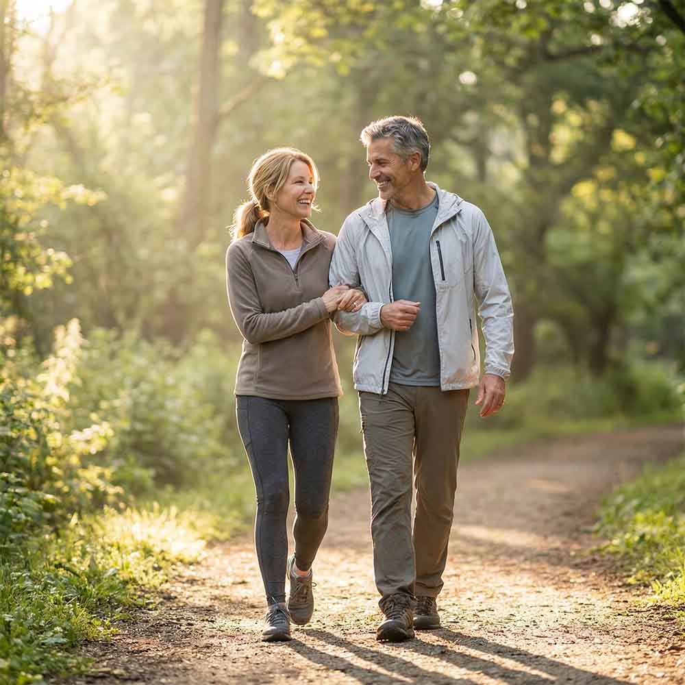 Ein vitales Paar mittleren Alters beim Spaziergang in der Natur, lachend und energiegeladen.