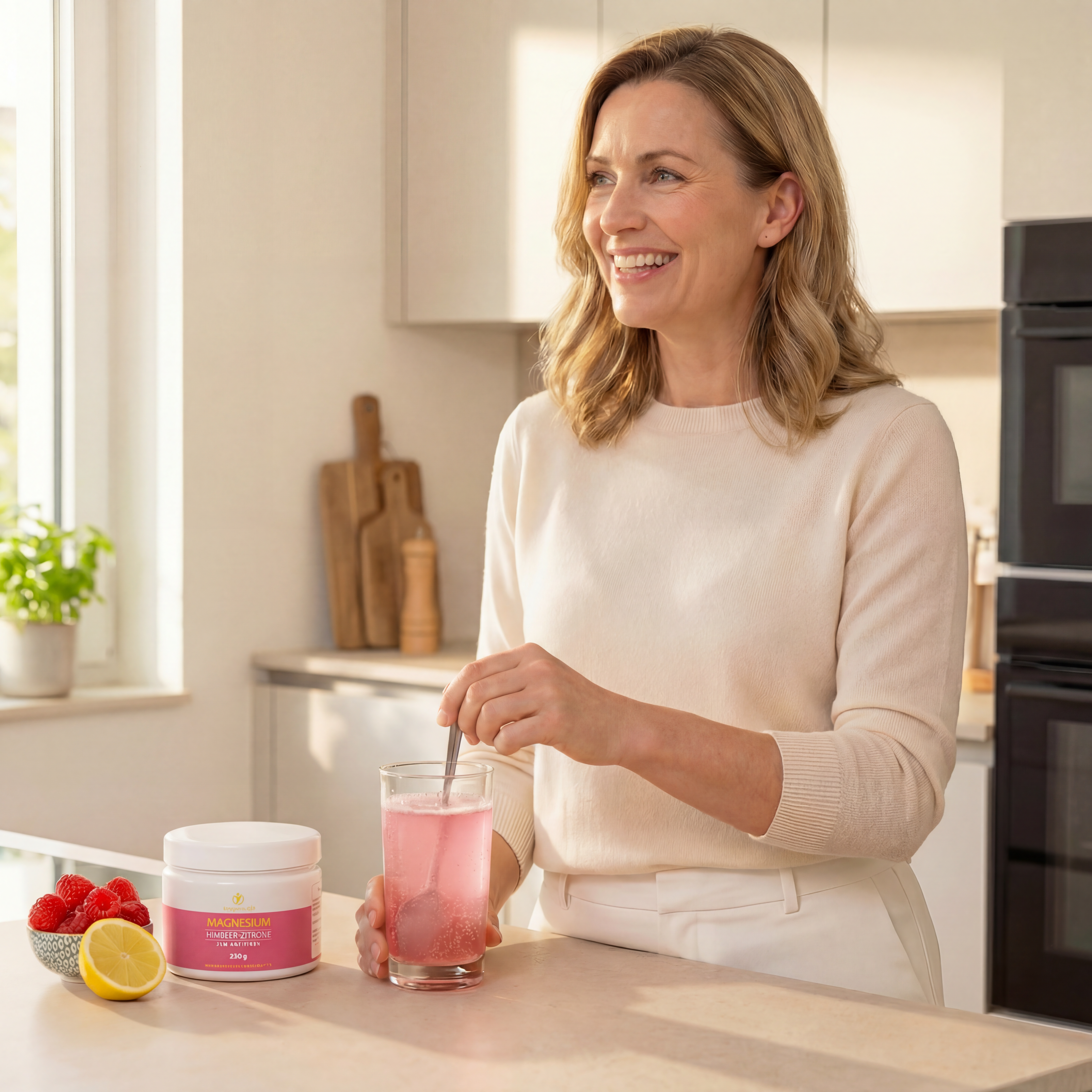 Frau rührt das Magnesium Himbeer an