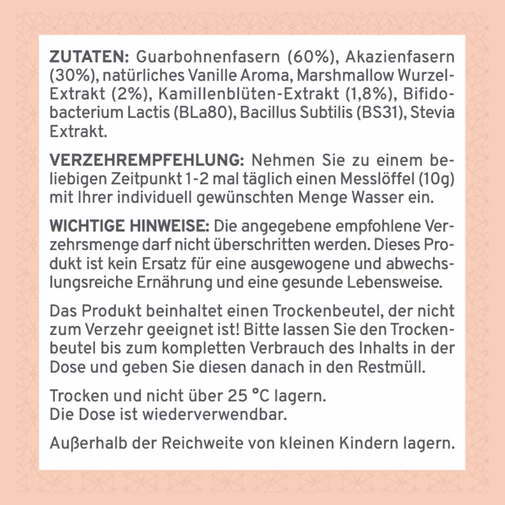 Supplera Belly Balance Bauchruhe mit Vanille Geschmack Etikett Zutaten