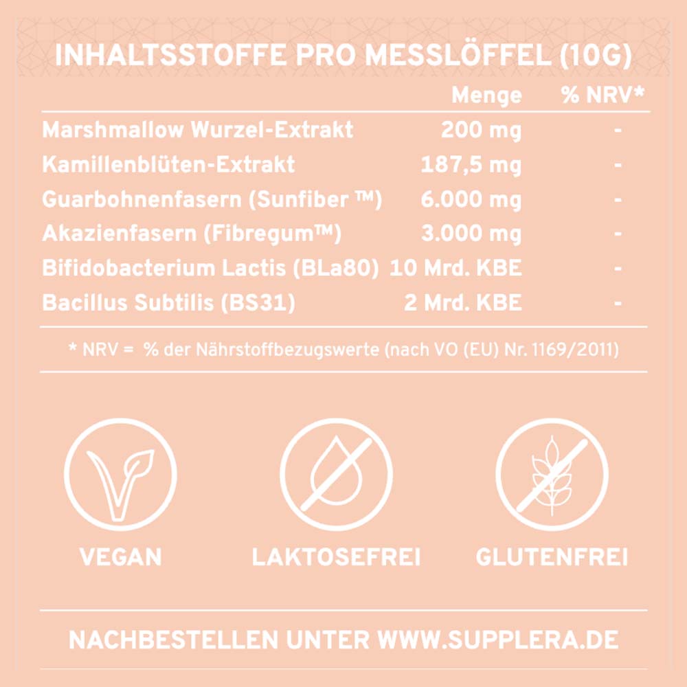 Supplera Belly Balance Bauchruhe mit Vanille Geschmack Etikett Inhaltsstoffe