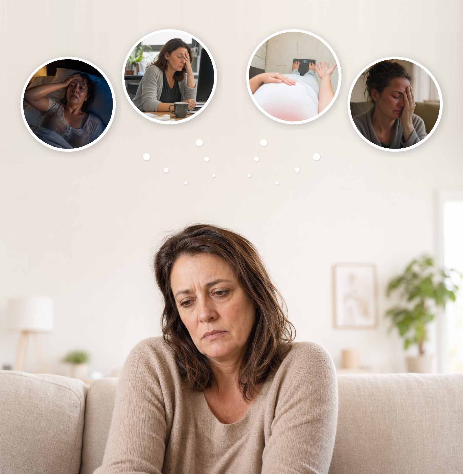 Eine Frau mit schweren Gedanken in der Menopause, über ihrem Kopf sind Gedankenblasen zu Schlaflosigkeit, Erschöpfung und Gewichtsproblemen