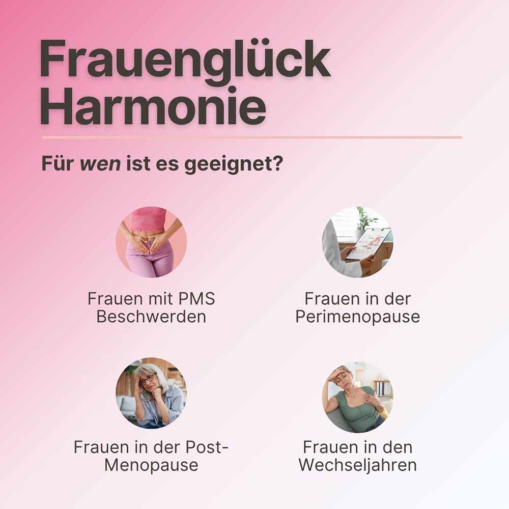 Anwendungsbereiche von Frauenglück Harmonie: Geeignet für Frauen mit PMS-Beschwerden, in der Perimenopause, Post-Menopause und den Wechseljahren.