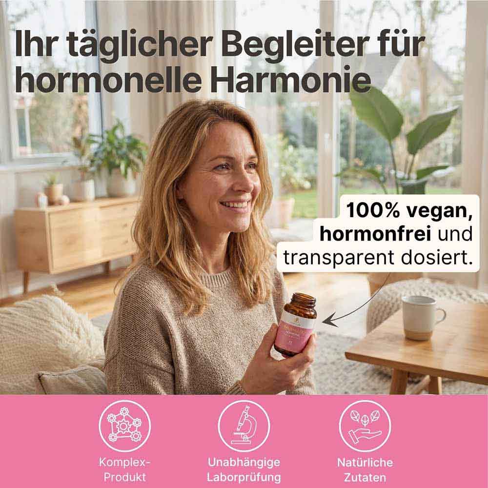 Lächelnde Frau nimmt Supplera Frauenglück Kapseln ein, ein zu 100% veganes und hormonfreies Nahrungsergänzungsmittel für Frauen.