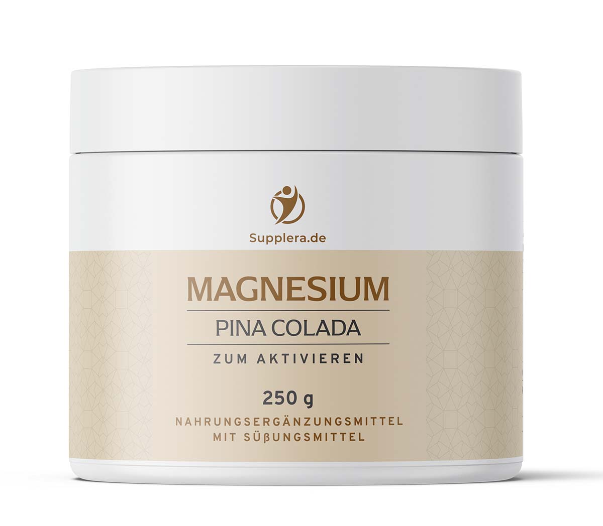 Weiße 250g Dose Ionisches Magnesium Pina Colada von Supplera zum Aktivieren, Nahrungsergänzungsmittel mit Süßungsmittel in der Frontalansicht.