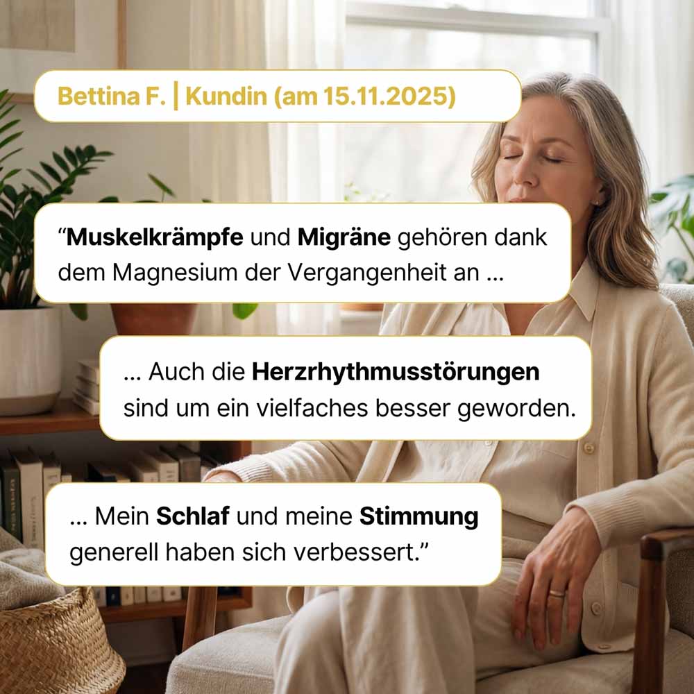 Positive Kundenbewertung von Bettina F. zu Ionischem Magnesium von Supplera. Die Kundin berichtet von Verbesserungen bei Muskelkrämpfen, Migräne, Herzrhythmusstörungen, Schlaf und allgemeiner Stimmung.