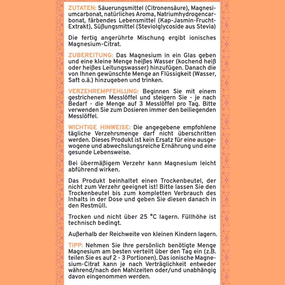 Detaillierte Zutatenliste und Zubereitungsanleitung für Ionisches Magnesium Mango - Maracuja. Enthält Magnesiumcarbonat, Citronensäure und Stevia. Anleitung zur Zubereitung mit heißem Wasser für die Ionen-Aktiv-Formel.