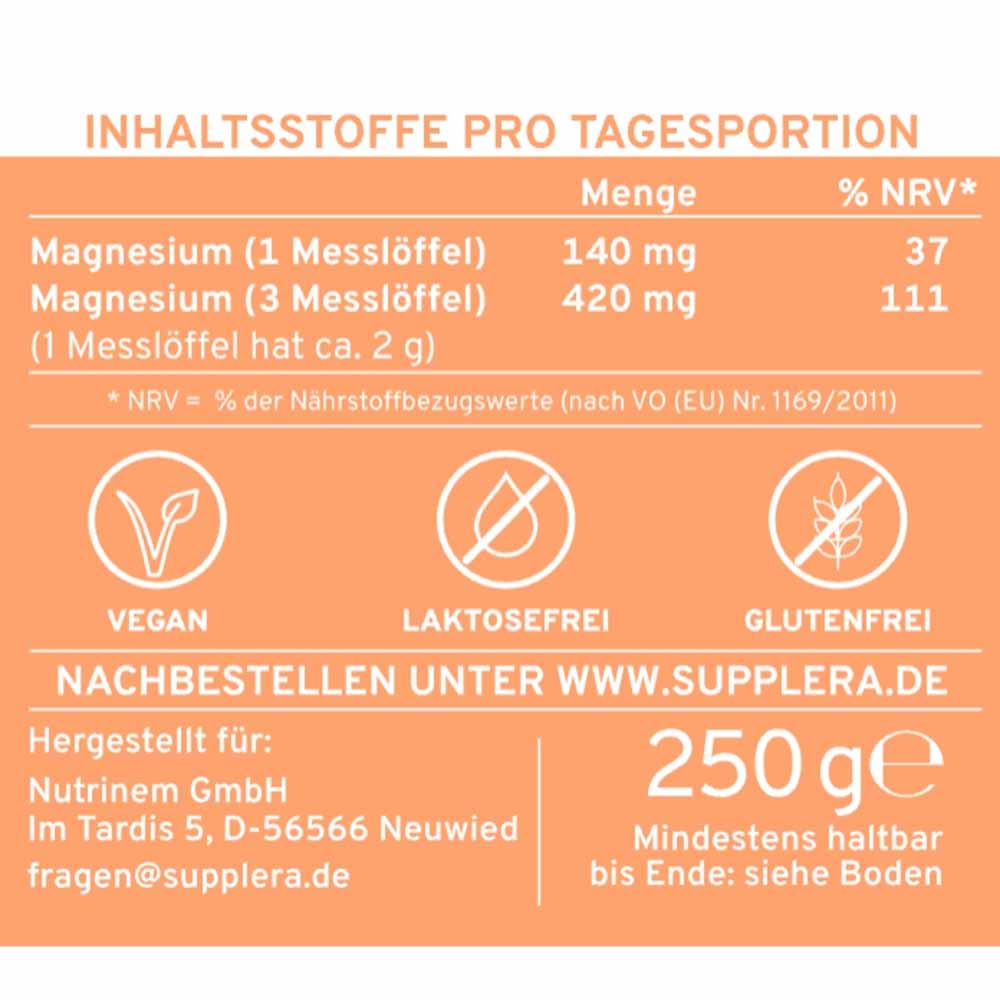 Rückseitenetikett der Ionisches Magnesium Mango - Maracuja Dose mit Nährwerttabelle. Zeigt 140 mg Magnesium pro Messlöffel (37% NRV) und 420 mg bei 3 Messlöffeln (111% NRV). Vegan, laktosefrei und glutenfrei.