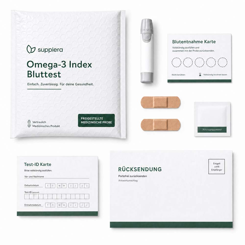 Supplera Omega-3 Index Bluttest Omegametrix – Inhalt des Test-Kits: Versandumschlag, Lanzette, Blutentnahme-Karte, Pflaster, Alkoholtupfer und Rücksendeumschlag