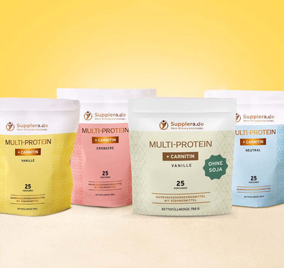 Multi-Protein mit Carnitin in verschiedenen Geschmackssorten wie Vanille, Erdbeere, Neutral und Vanille ohne Soja.