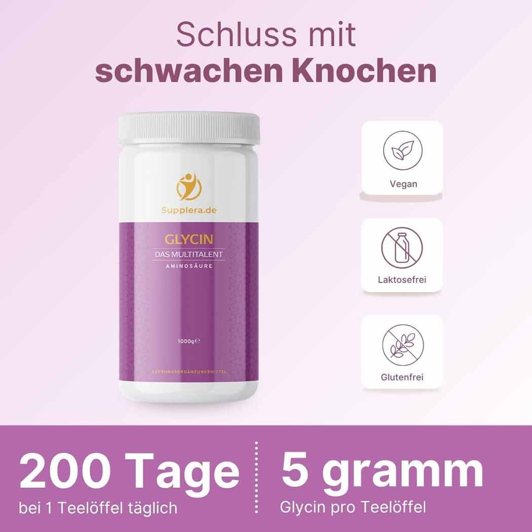 Glycin 1 kg Vorratsdose von Supplera – vegane Aminosäure in hochwertiger Verpackung
