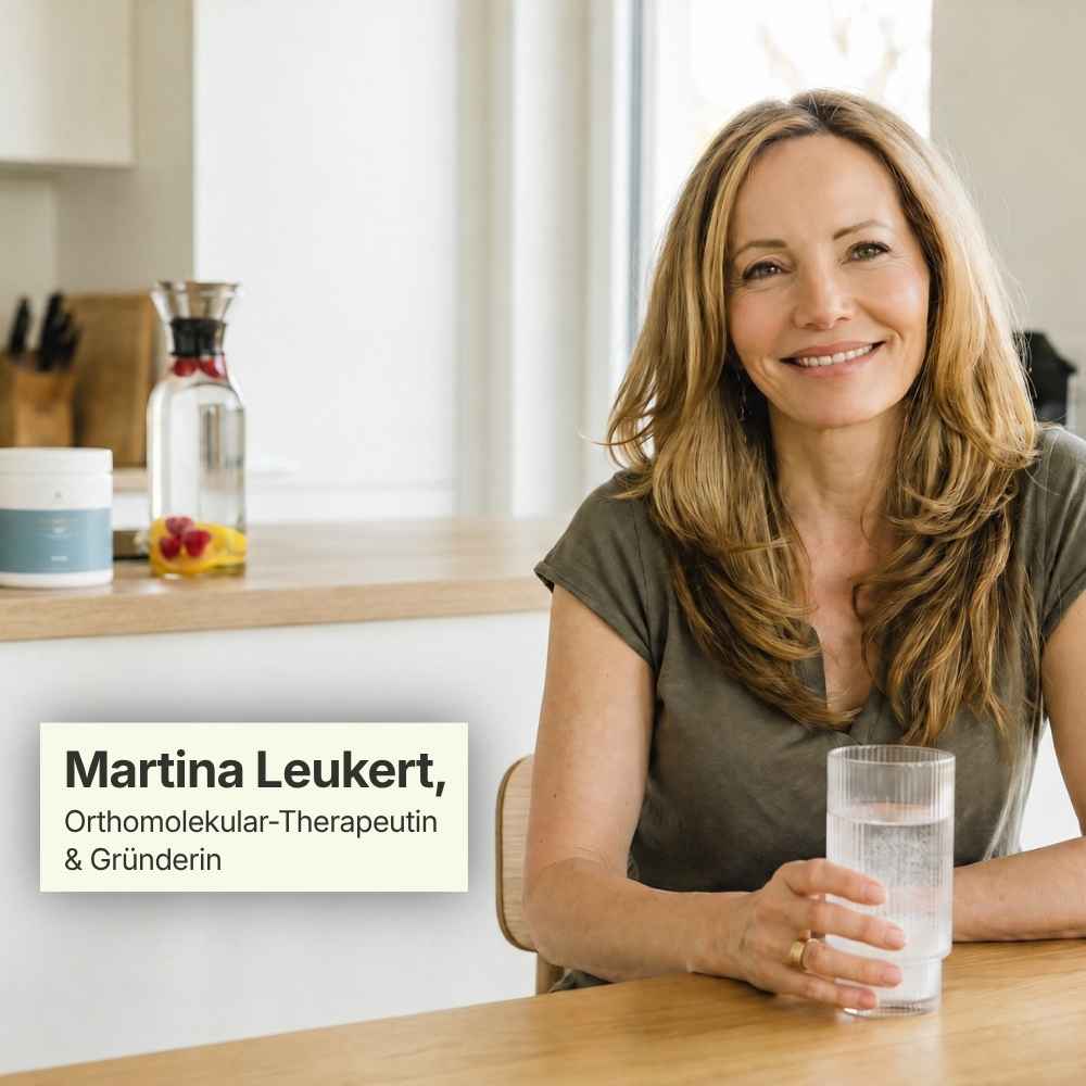 Martina Leukert, Gründerin von Supplera und Orthomolekular-Therapeutin, mit einem Glas Ionisches Magnesium