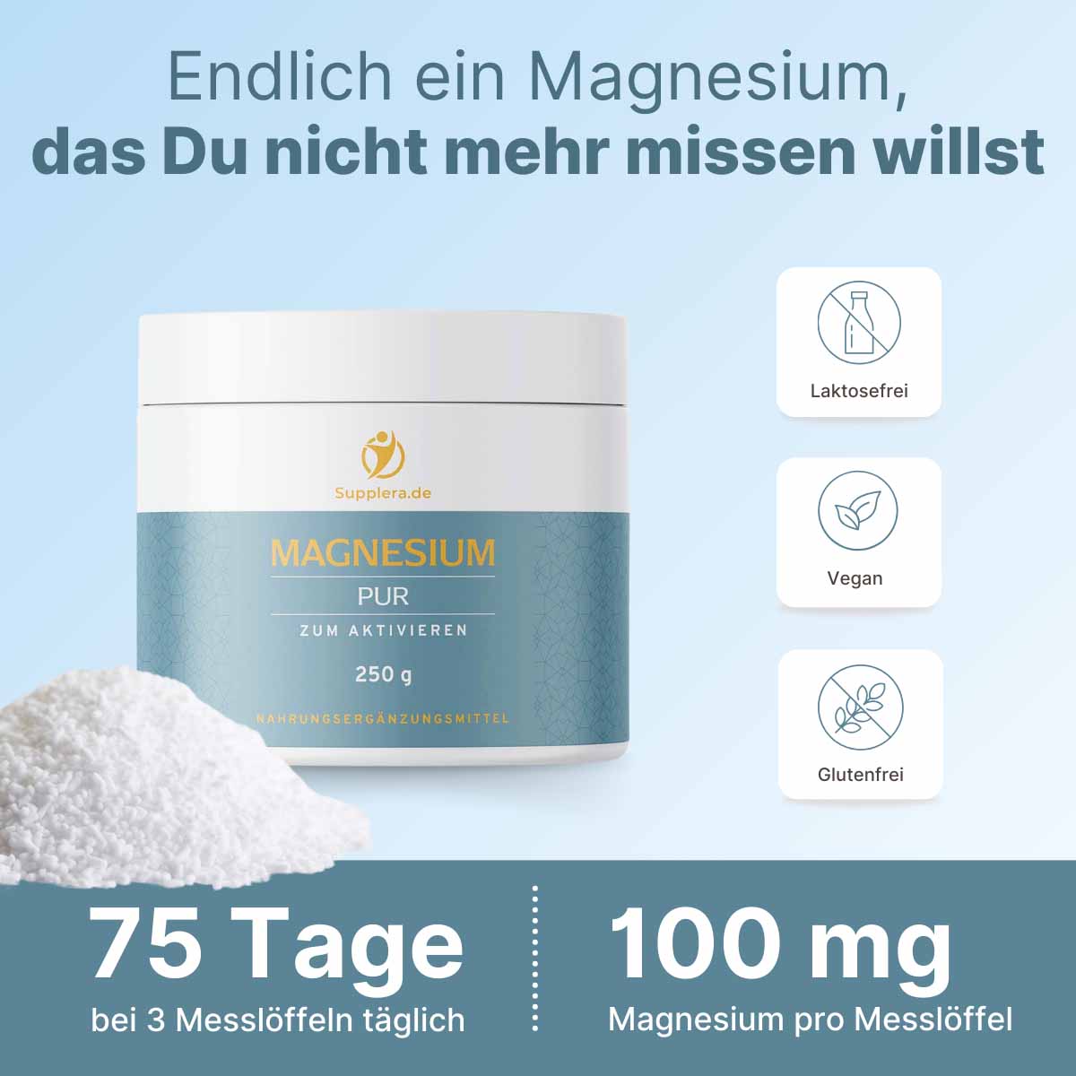 Supplera ionisches Magnesium Pur, reicht 75 Tage bei 3 Messlöffeln täglich