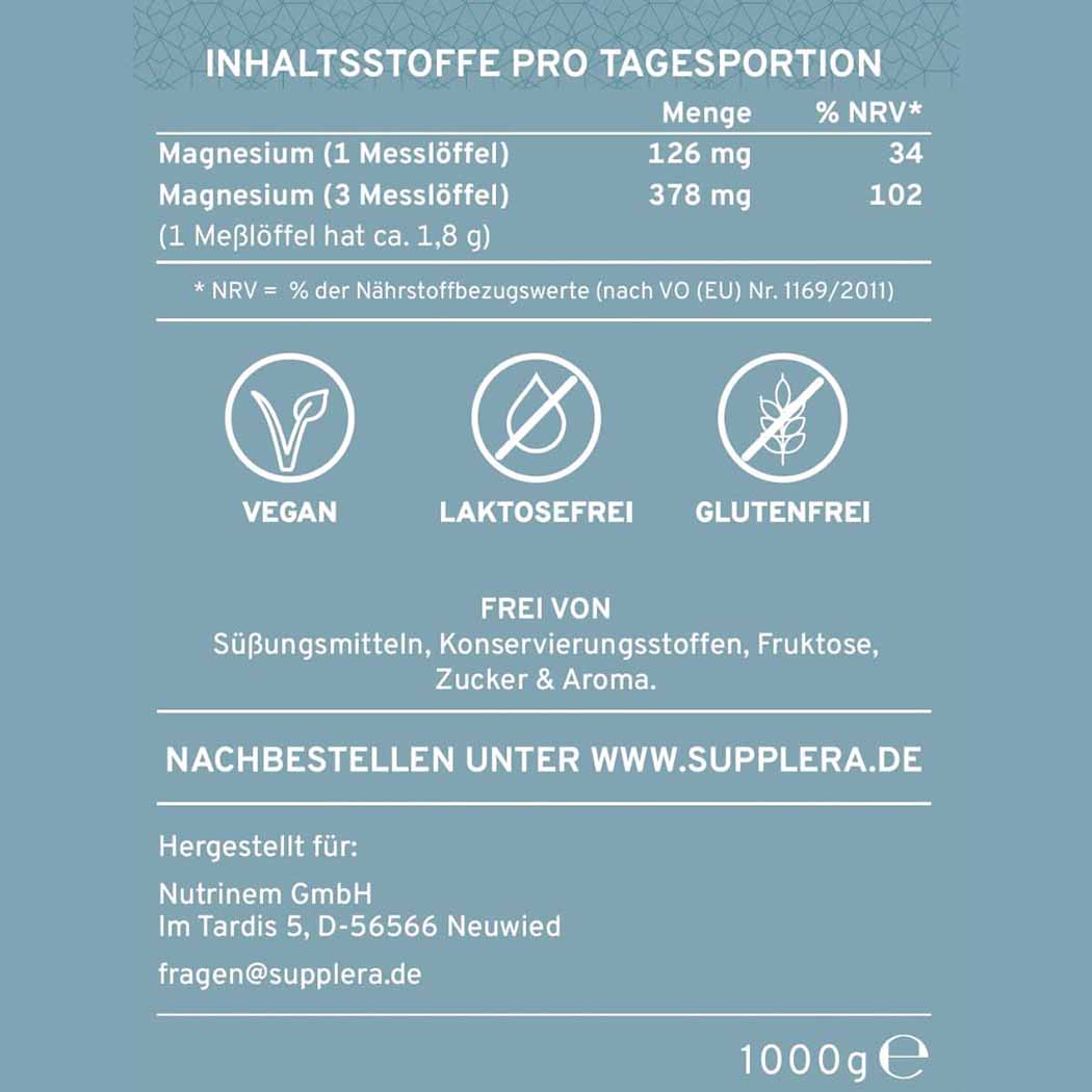 Magnesium Pur 1 kg von Supplera – Inhaltsstoffe pro Tagesportion sowie vegan, laktosefrei und glutenfrei