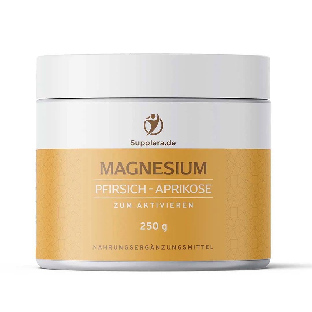 Magnesium-Dose mit Pfirsisch-Aprikose-Geschmack.